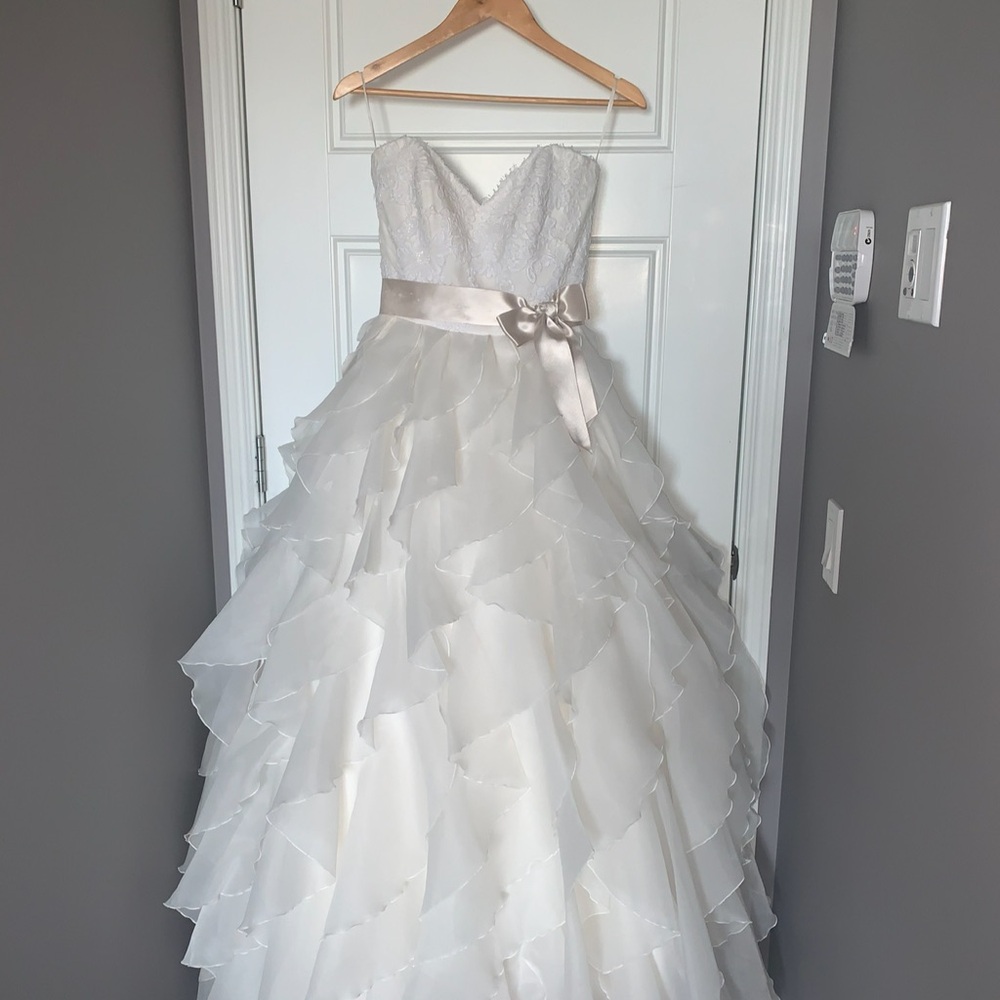 Paloma Blanca White Wedding Dress with Cream Accents